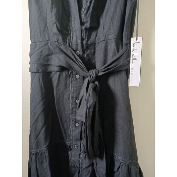 Nicole Miller Linen Blend Maxi Dress Belted Lined Sleeveless Black XS - Picture 3 of 11